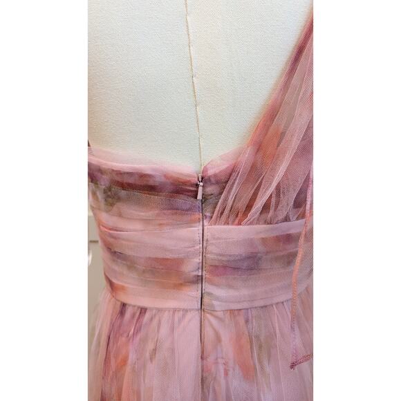 Dessy Collection Floral Scarf Tie One-Shoulder Rose Long Tulle Dress Size 8 - Picture 7 of 11